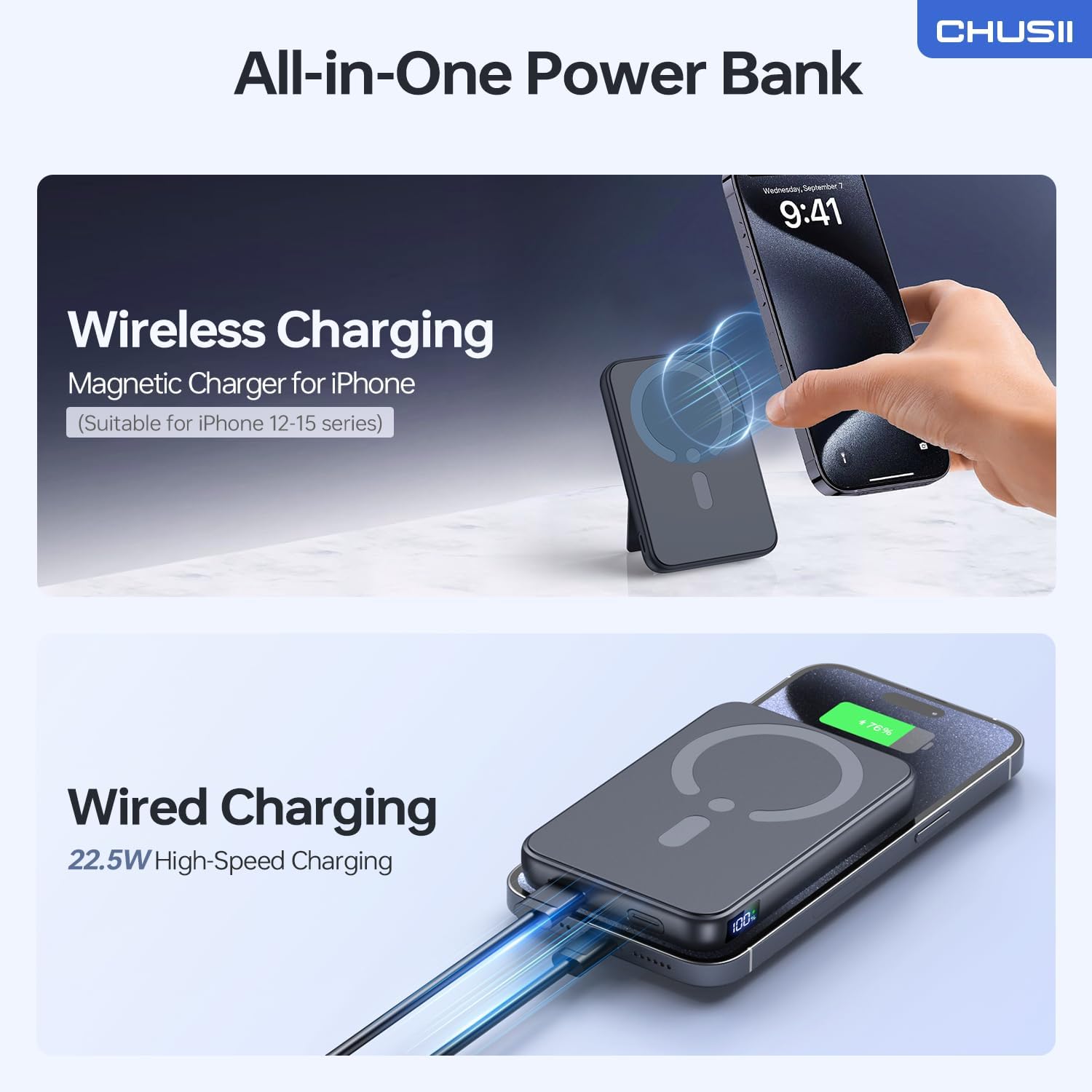 for Magsafe Portable Charger, 12000mAh Wireless Magnetic Power Bank with Stand and USB C In/Out Fast Charging, for Magsafe Battery Pack Compatible with iPhone 15/14/13/12 Pro/Pro Max/Plus Series-Black - Image 3