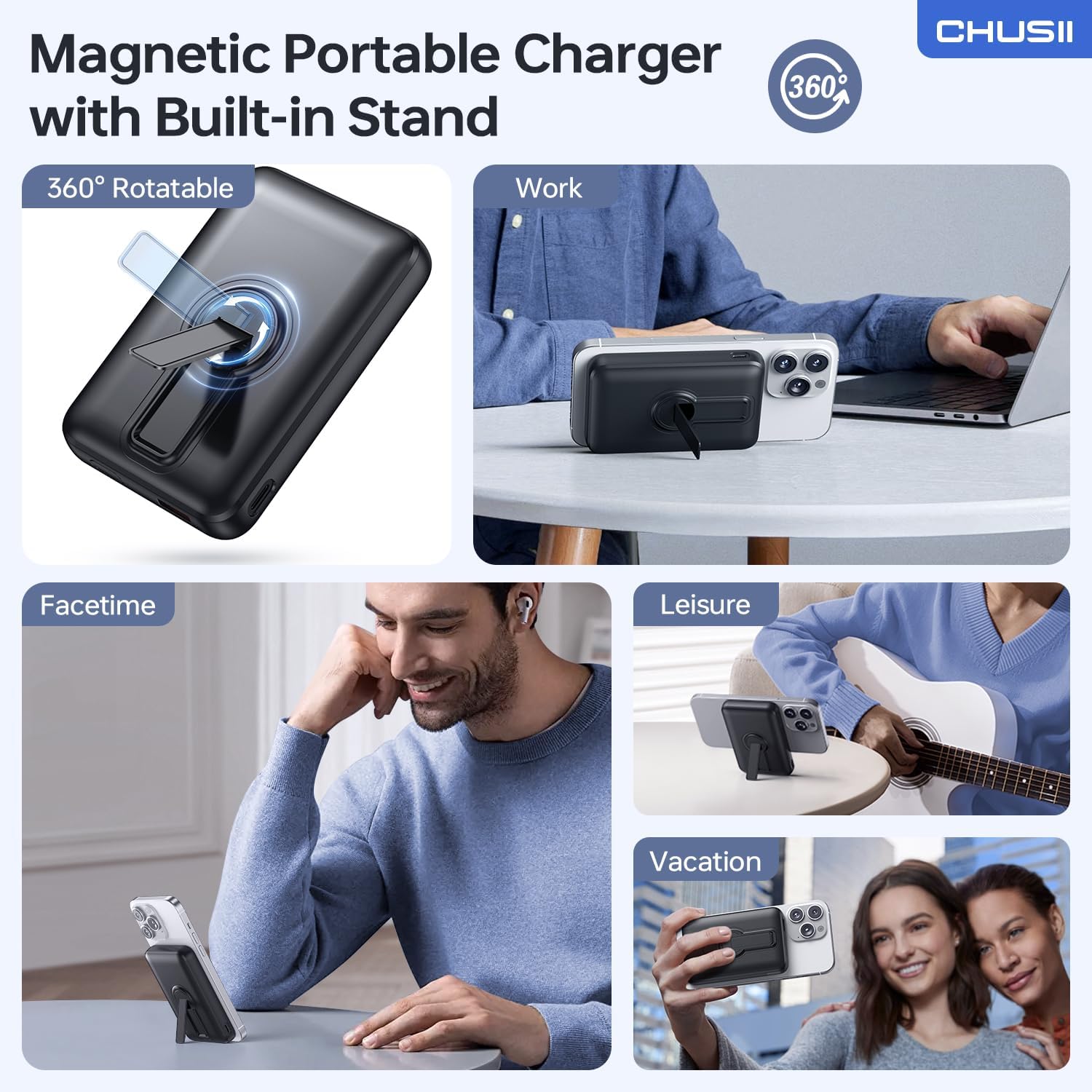 for Magsafe Portable Charger, 12000mAh Wireless Magnetic Power Bank with Stand and USB C In/Out Fast Charging, for Magsafe Battery Pack Compatible with iPhone 15/14/13/12 Pro/Pro Max/Plus Series-Black - Image 5